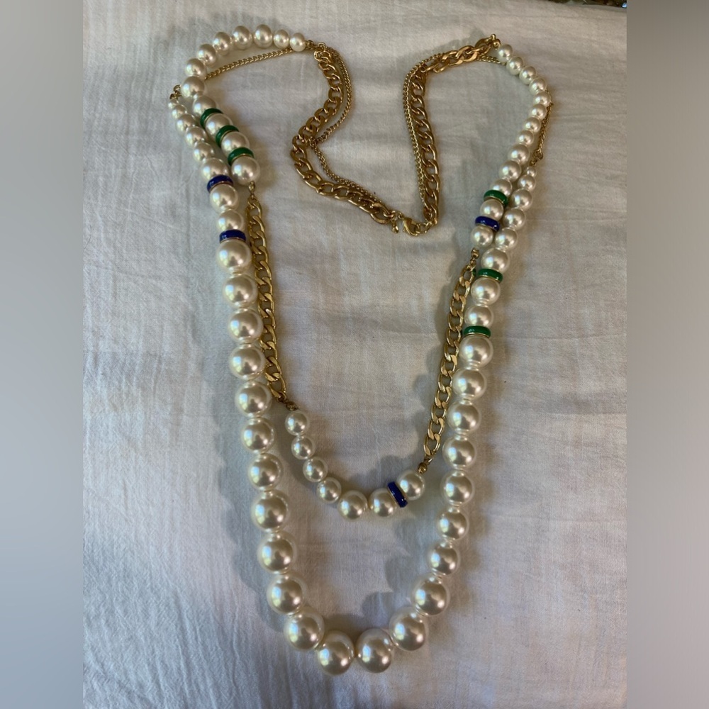 Vintage Roman RMN Layered Chains and Faux Pearls‎ Necklace